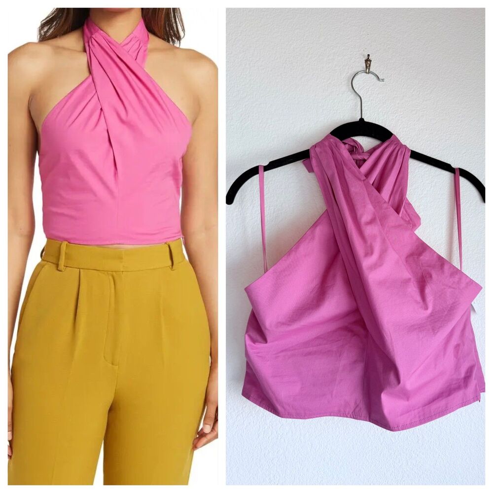 NWOT STAUD Women's Kai Twist Cropped Cotton Halter Top in Peony Pink Size 12